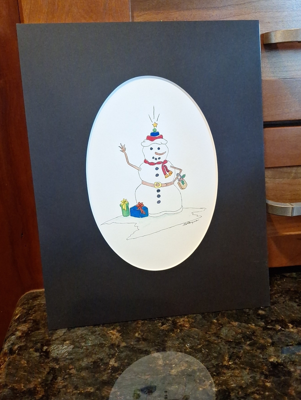 Original Watercolor Snowman Art Print in Black Mat. Mat Size 8×10". Print 5×7"